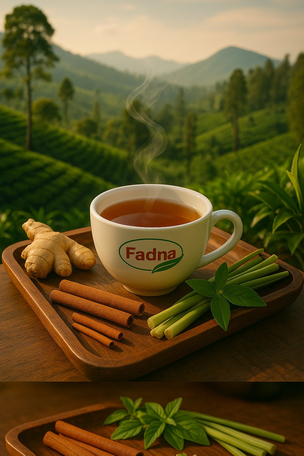 A cup of fadna tea on a wooden plate along with cinnamon sticks, ginger and herbs, over a back ground of a tea farm