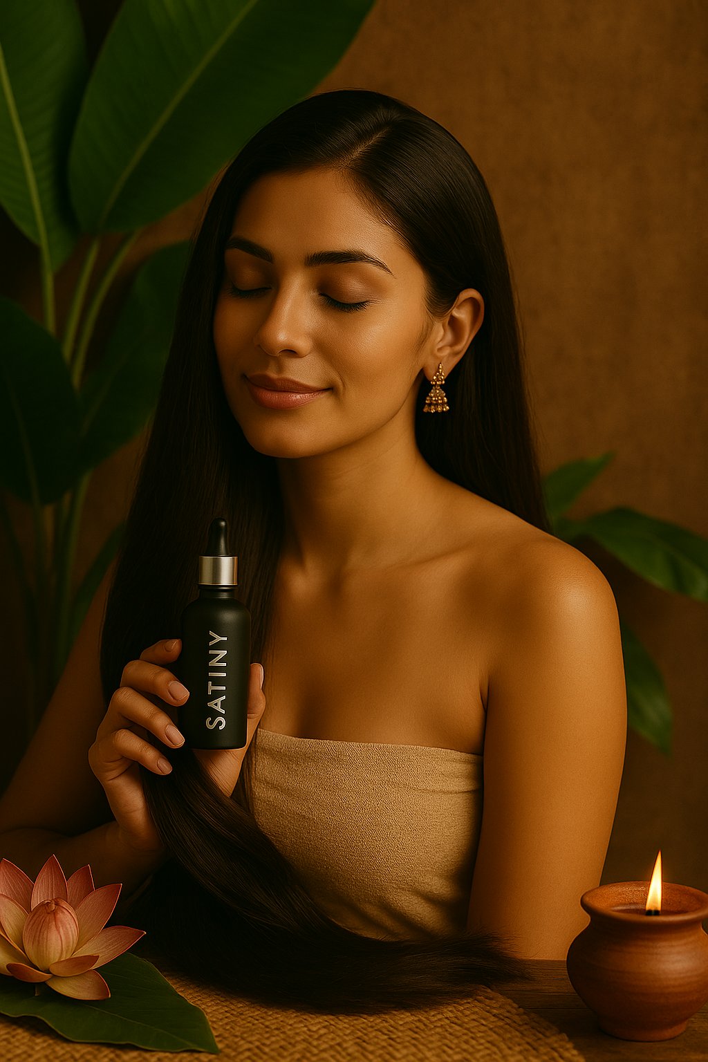 Sri Lankan woman holding a bottle of Satiny Hair Oil