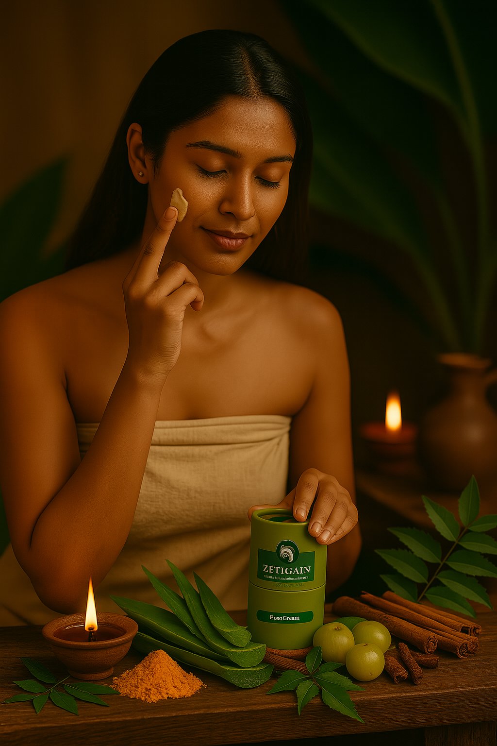 Sri Lankan woman applying Zeitgain collagen boosting face cream on her face