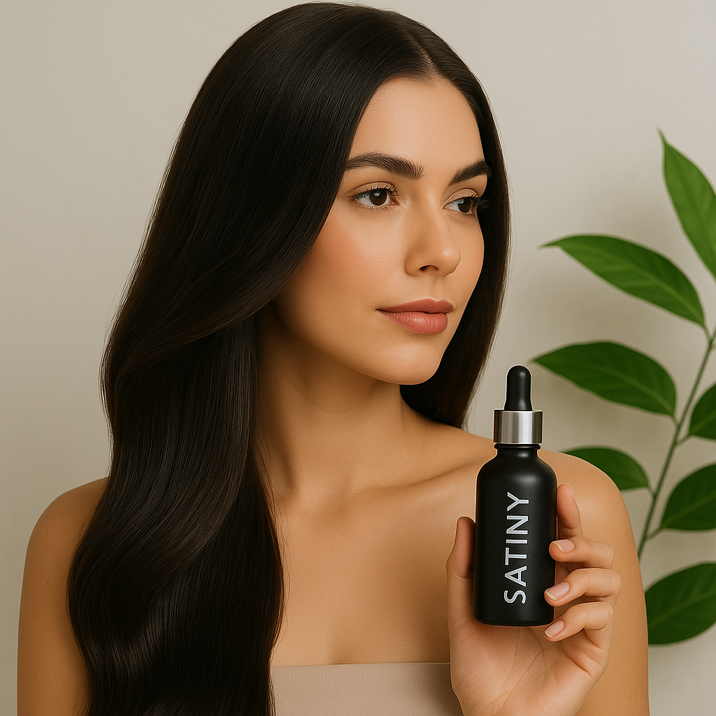 Woman holding a black bottle labeled 'SATINY' with a plant in the background