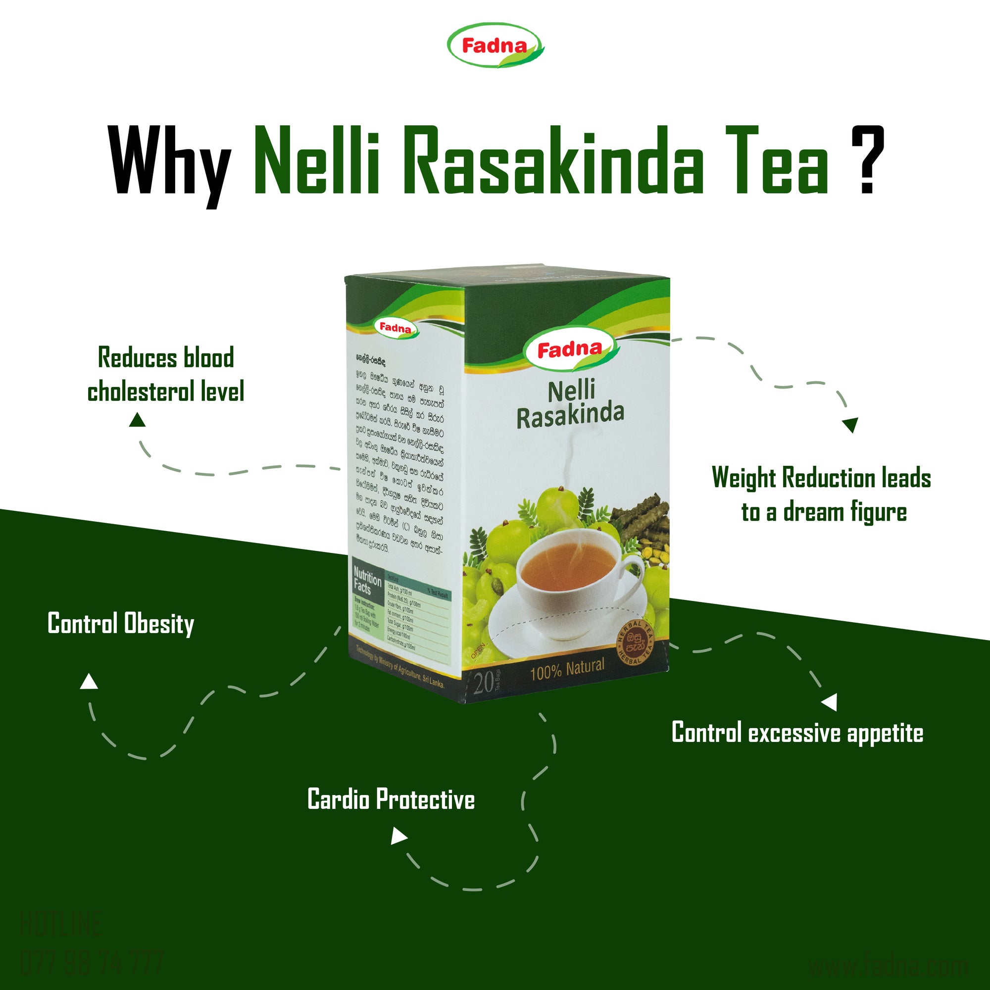 Fadna Nelli Rasakinda Tea box with health benefits on a green and white background