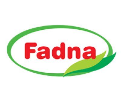Fadna logo with red text and green leaf on a white background