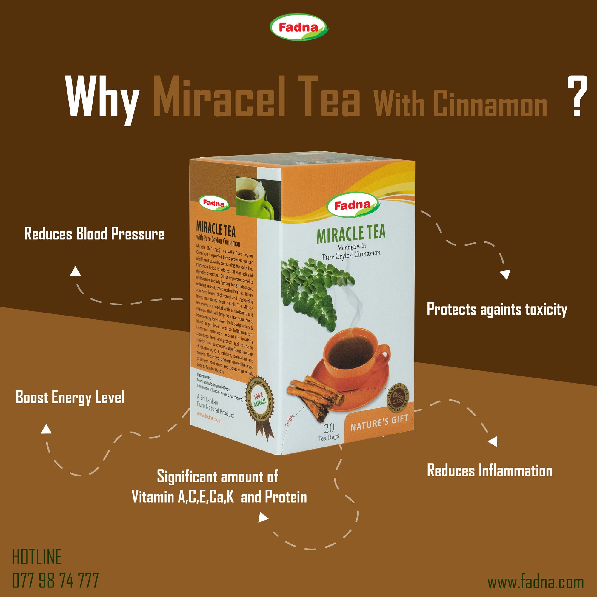 Fadna Miracle Tea with Cinnamon packaging on a brown background with text highlighting benefits.
