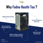 Fadna Hasthi Tea packaging with text highlighting benefits on a blue and white background
