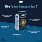 Fadna Immuni Tea packaging with benefits listed on a blue background