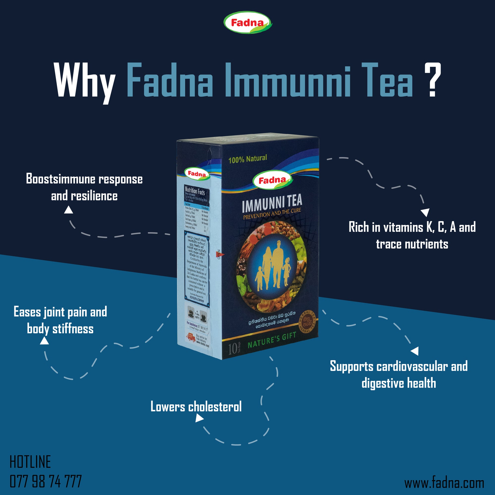 Fadna Immuni Tea packaging with benefits listed on a blue background