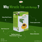 Fadna Miracle Tea with Moringa packaging on a green background with text highlighting benefits.