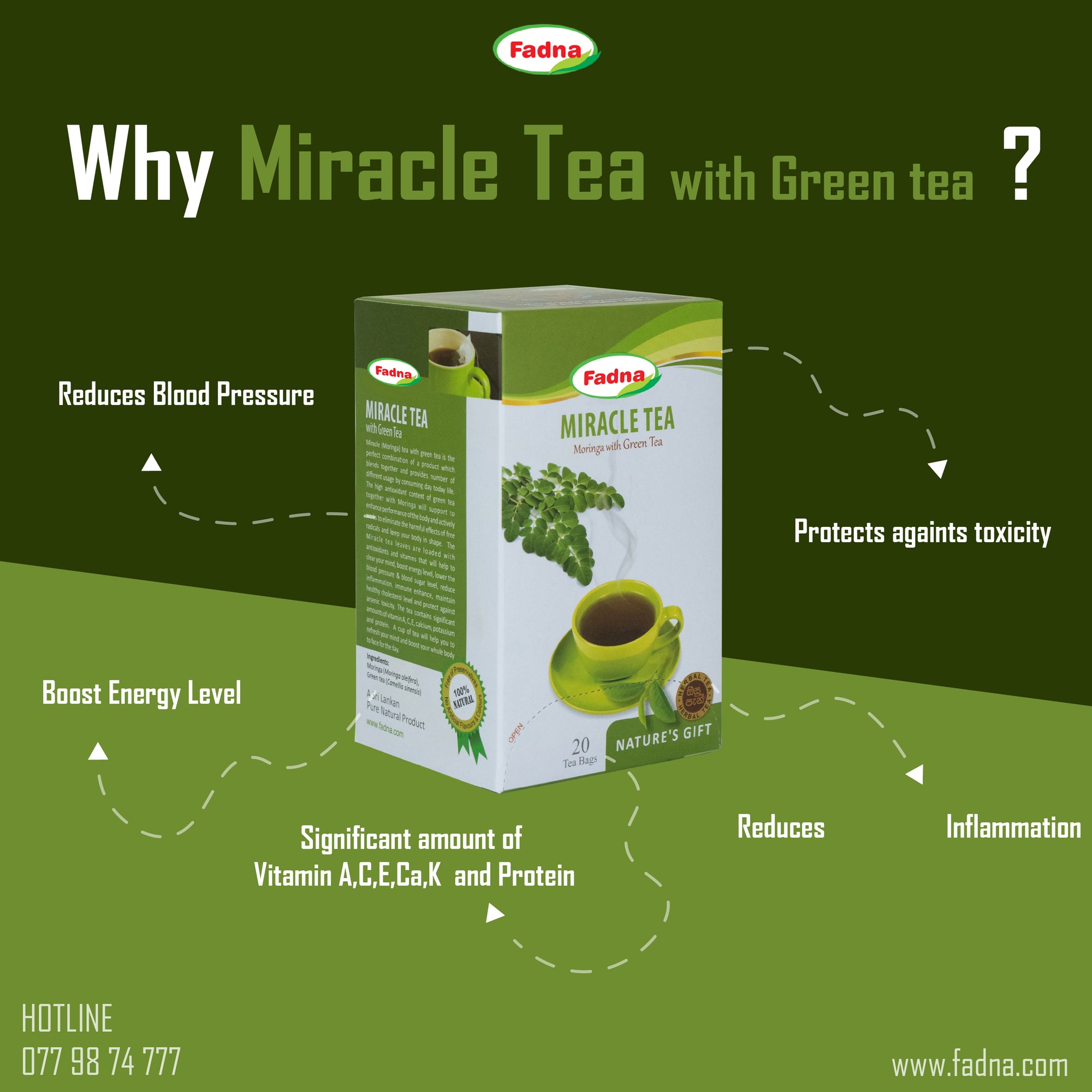 Fadna Miracle Tea packaging with health benefits on a green background