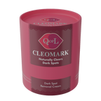 Pink cylindrical container of QoL Cleomark dark spot removal cream on a white background
