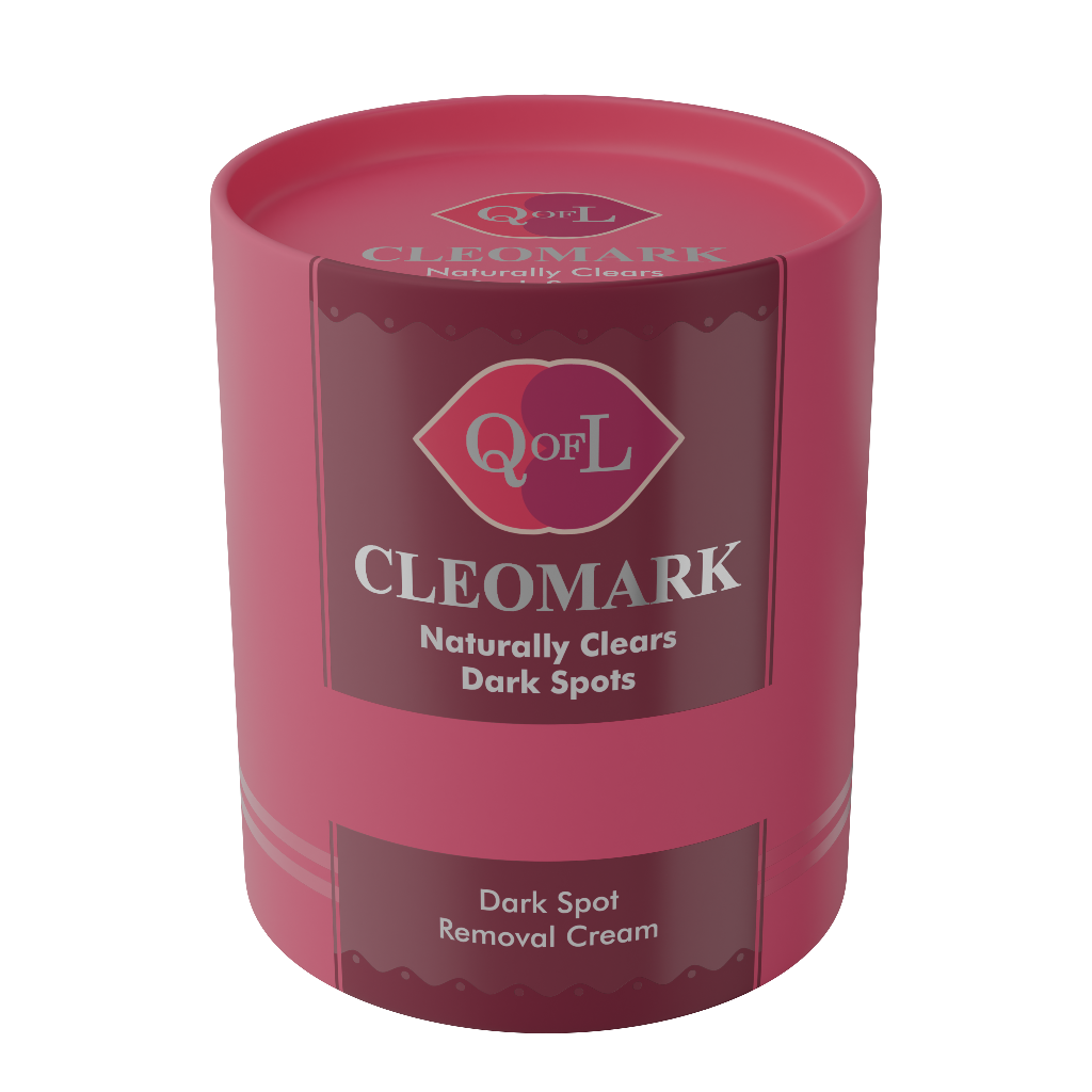 Pink cylindrical container of QoL Cleomark dark spot removal cream on a white background