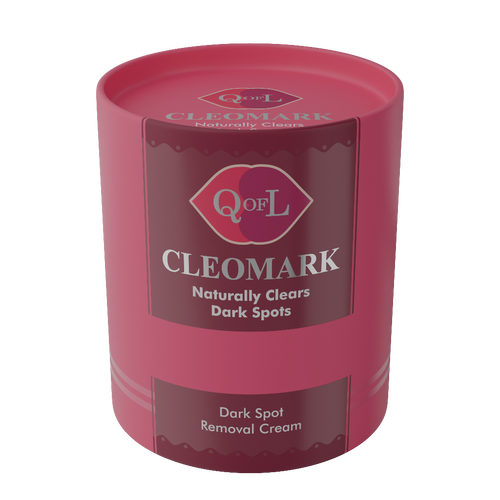 Pink cylindrical container of QoL Cleomark dark spot removal cream on a white background