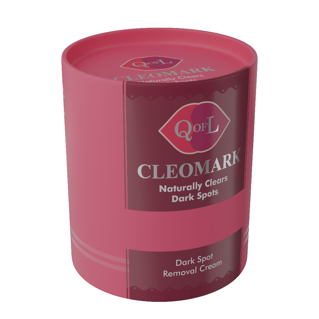 Pink cylindrical container of QoL Cleomark dark spot removal cream on a white background angled left