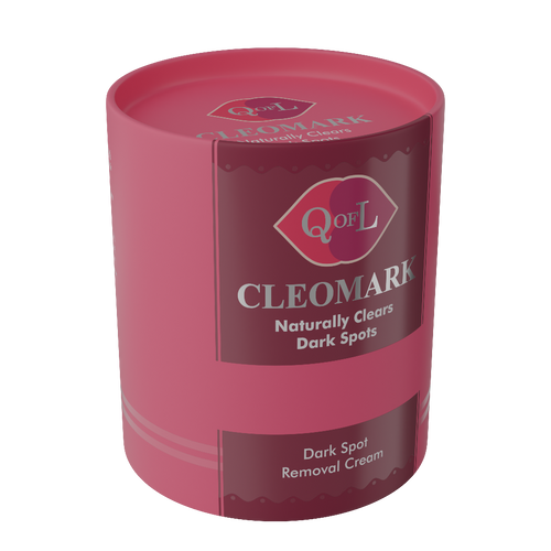Pink cylindrical container of QoL Cleomark dark spot removal cream on a white background angled left